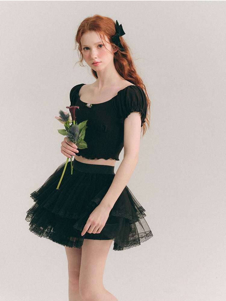 Rose Corsage Puff Sleeves Ballet T-Shirt