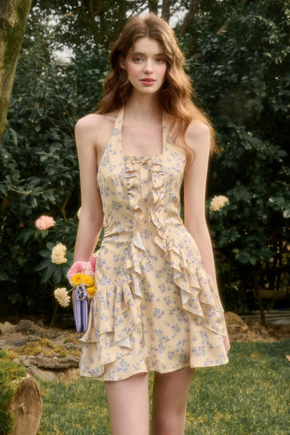 Lemon Sea & Iris Lace Halter Satin Dress