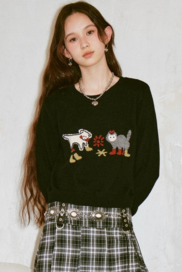 Kitten And Puppy Embroidered Wool Blend Knit Sweater