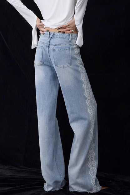 Lace Print Raw Hem Jeans