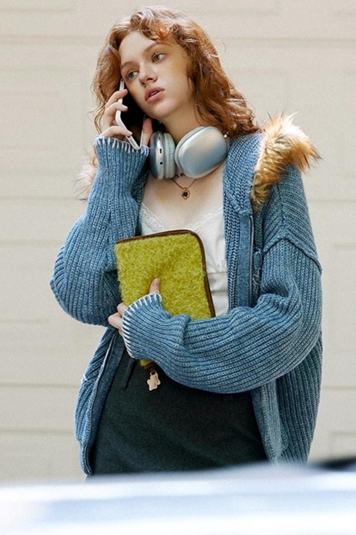 Fur Collar Cable Knit Cardigan