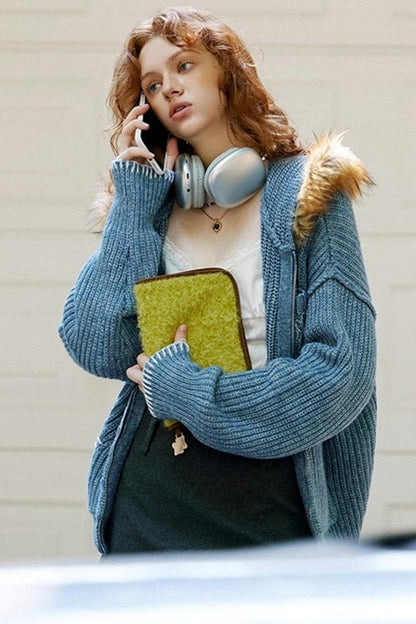 Fur Collar Cable Knit Cardigan