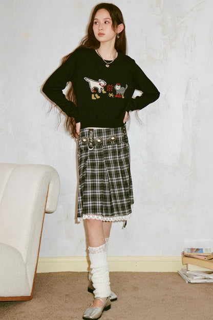 Kitten And Puppy Embroidered Wool Blend Knit Sweater