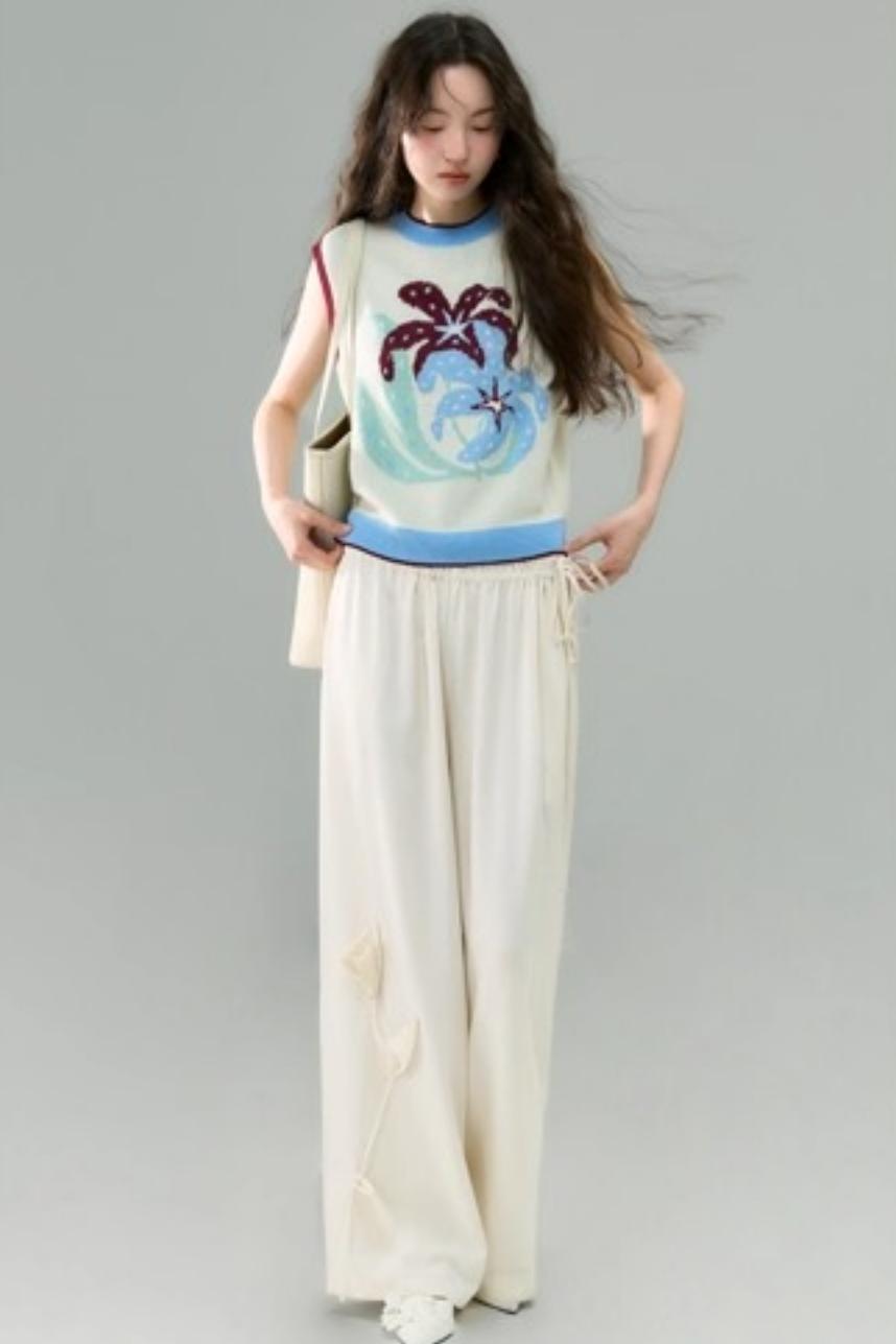 Three-Dimensional Calla Lily Linen Blend Wide-Leg Pants