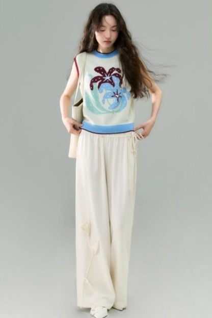 Three-Dimensional Calla Lily Linen Blend Wide-Leg Pants