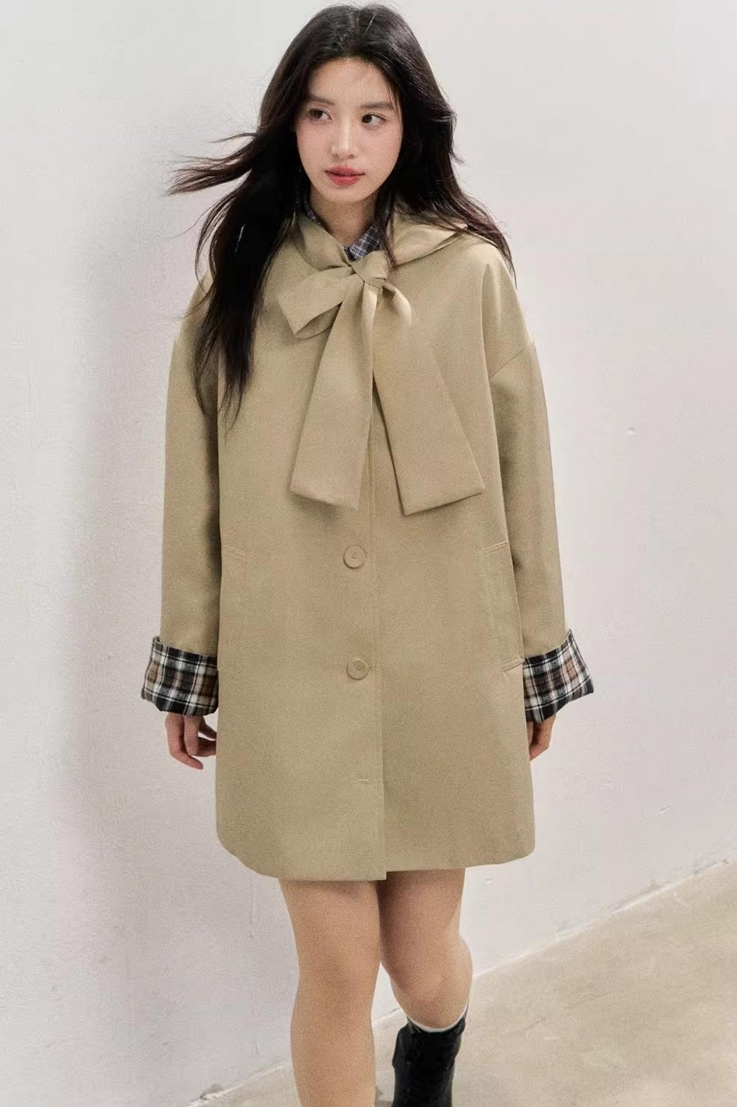 Vintage Bow Plaid Trench Coat