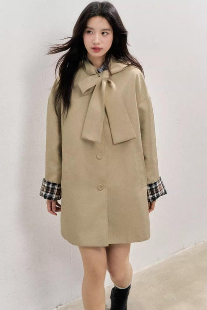 Vintage Bow Plaid Trench Coat