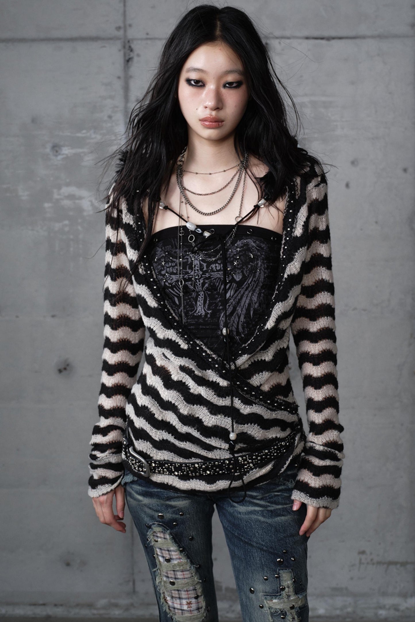 Bandeau Fake Two-Piece Striped Knit Top Set