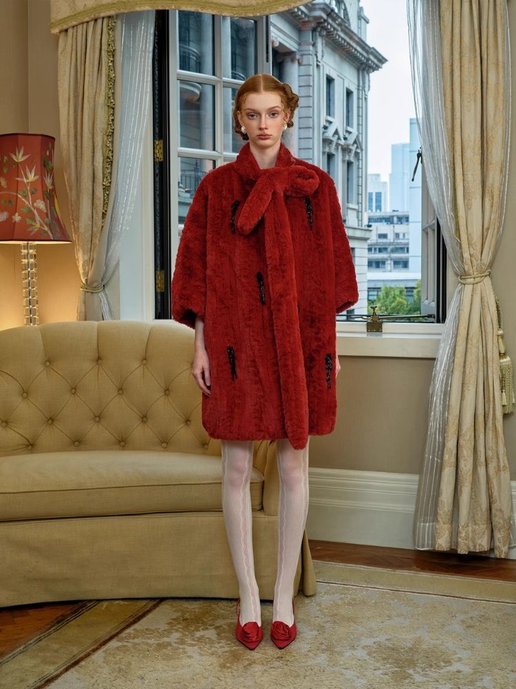 Red Faux Fur Mid-Length Coat