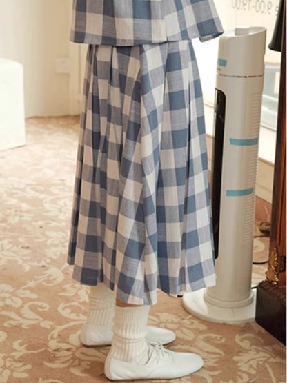 Standing Collar Check Linen Cotton Shirt/Pleated Skirt Set