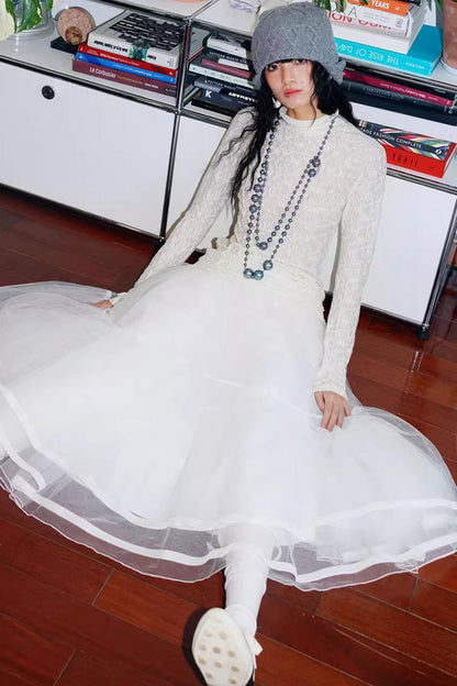 Autumn Mesh Puffy Long Skirt