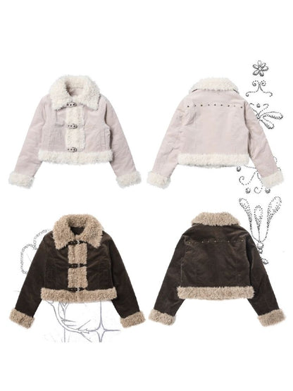 Corduroy fur patchwork jacket