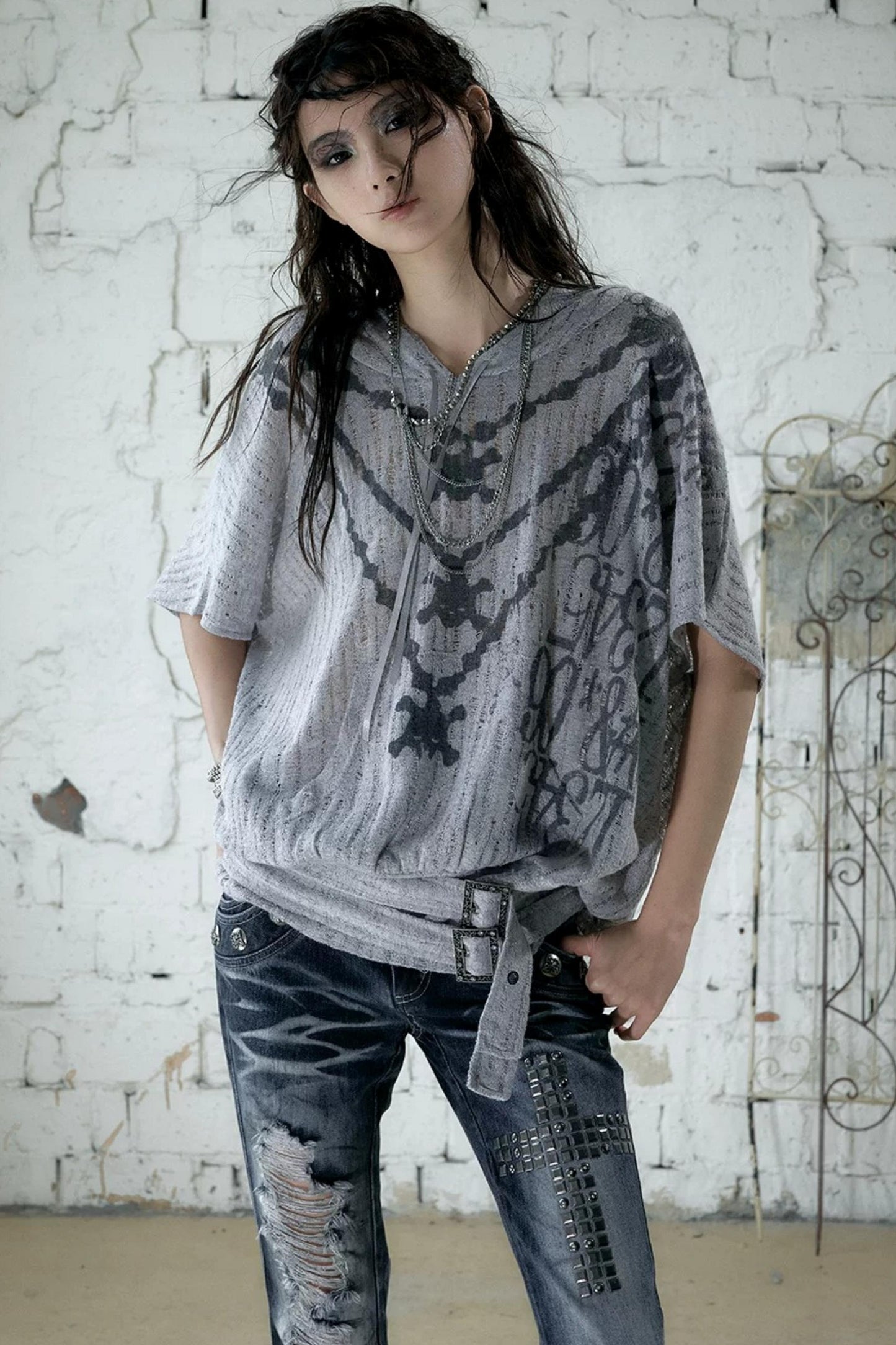 Punk Ripped Knit Hooded Blouse