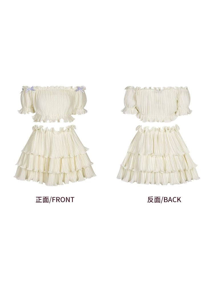 One Strapless Short Top Wooden Ear Trim Puffy Cake Skirt Set