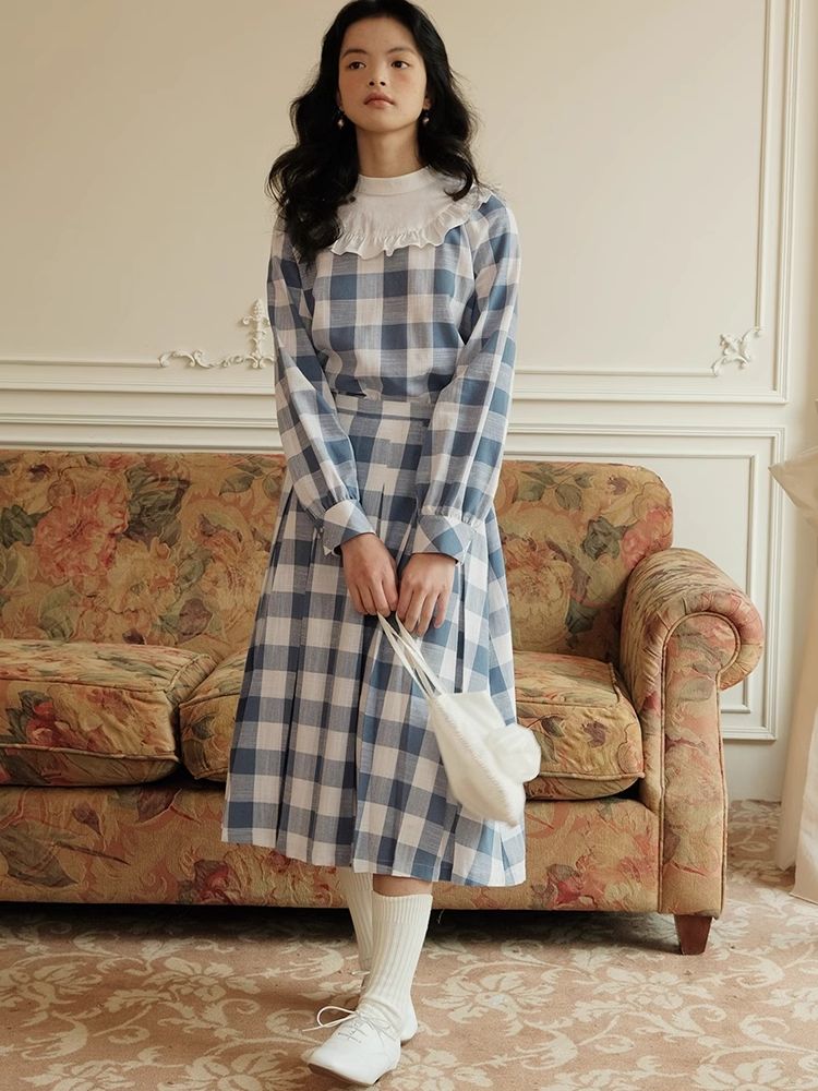 Standing Collar Check Linen Cotton Shirt/Pleated Skirt Set