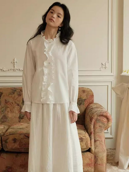 Romantic Lace Collar Textured Cotton Shirt