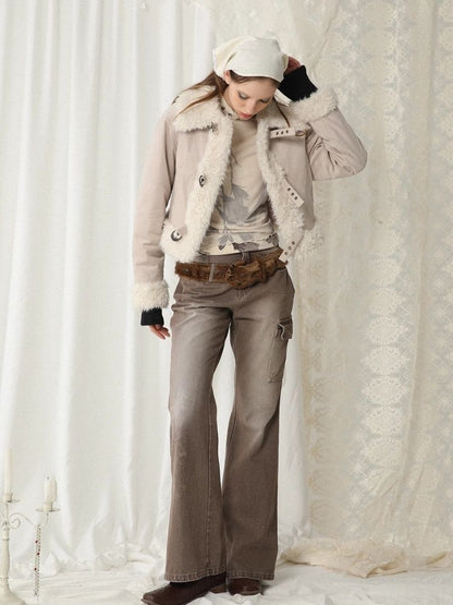 Corduroy fur patchwork jacket