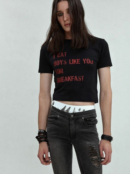 Printed Lettered Waistless Short Sleeve T-Shirt