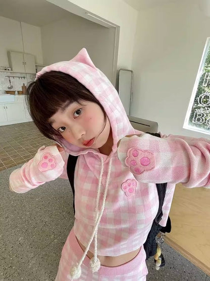 Cat Ears Hooded Short Sleeve Creamy Pink Plaid Knit Pants