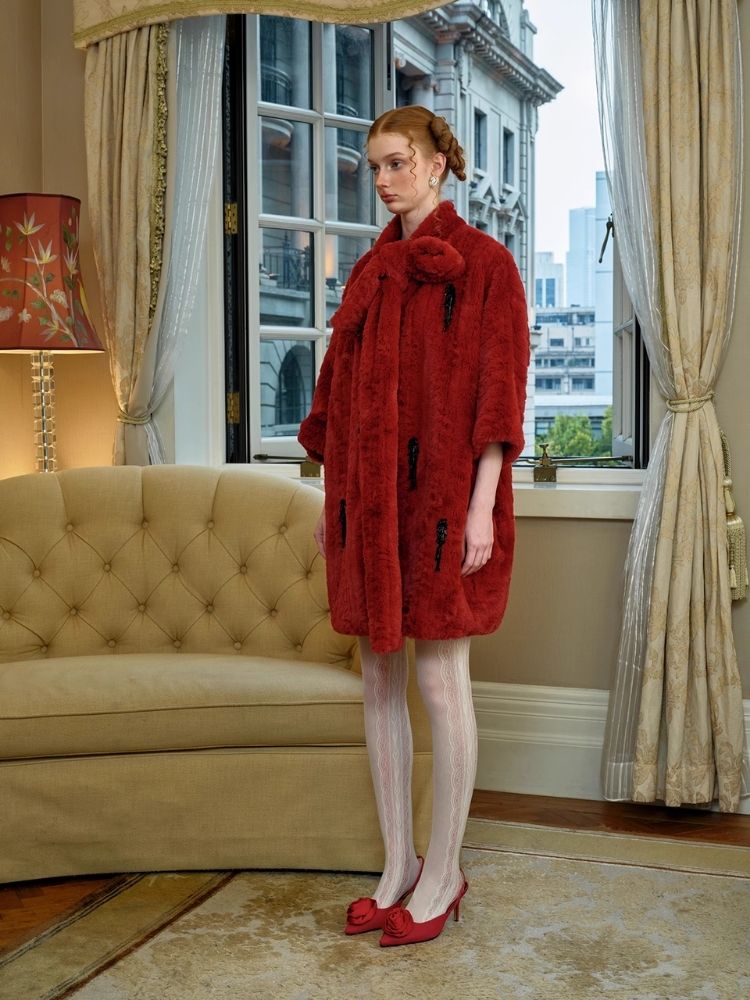 Red Faux Fur Mid-Length Coat