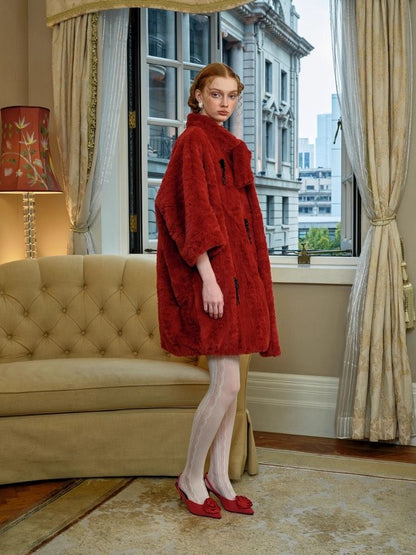 Red Faux Fur Mid-Length Coat