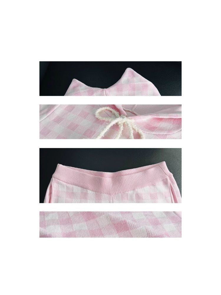 Cat Ears Hooded Short Sleeve Creamy Pink Plaid Knit Pants