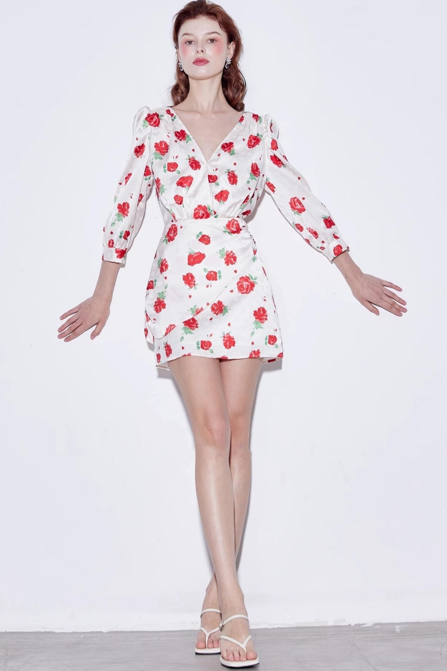 Satin Rose Jacquard V-Neck Dress