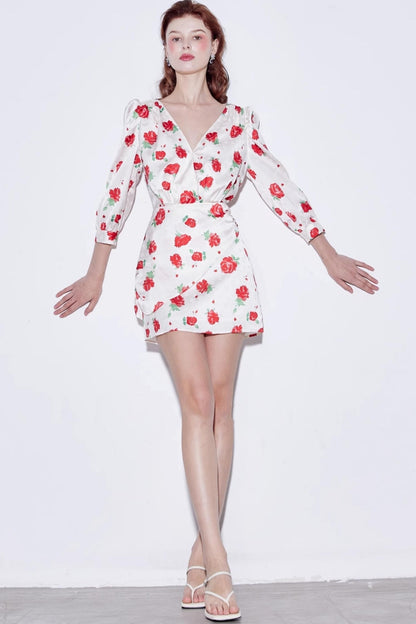 Satin Rose Jacquard V-Neck Dress