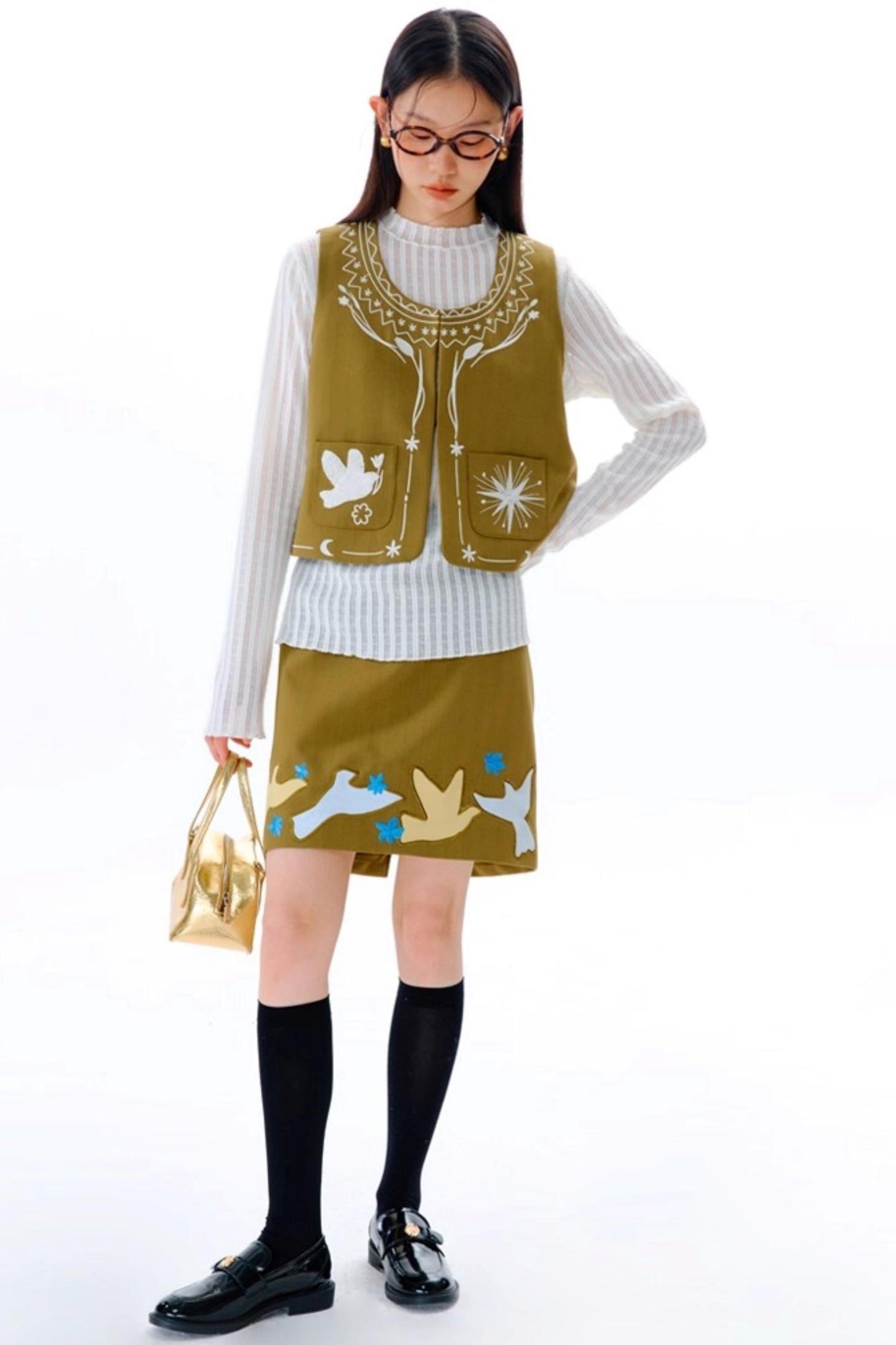 Bright Star Vintage Bird Embroidery Wool Jacket Set-Up