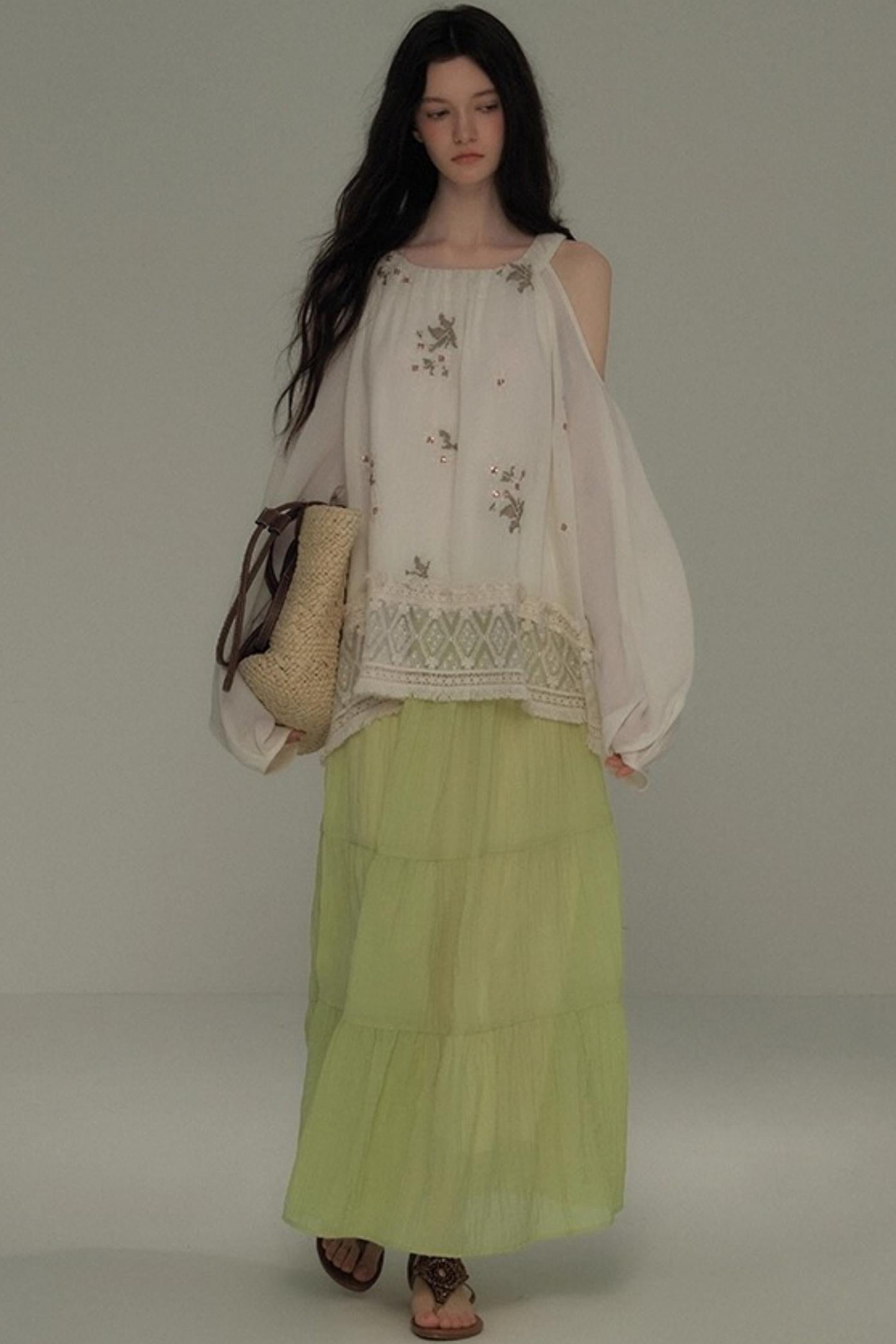 Neoclassical Embroidery Off-the-Shoulder Top