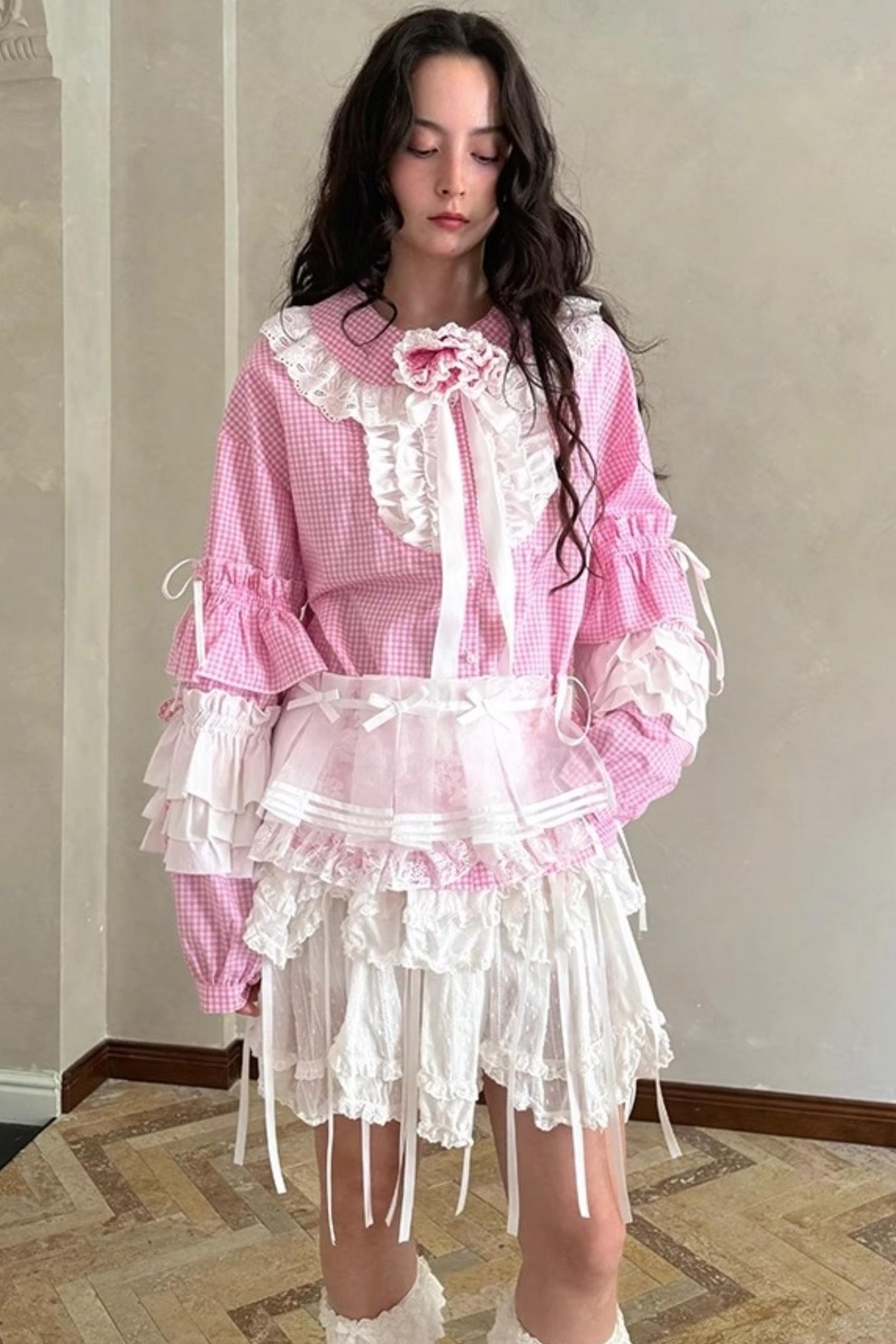 Pink-White Plaid Lace Shirt