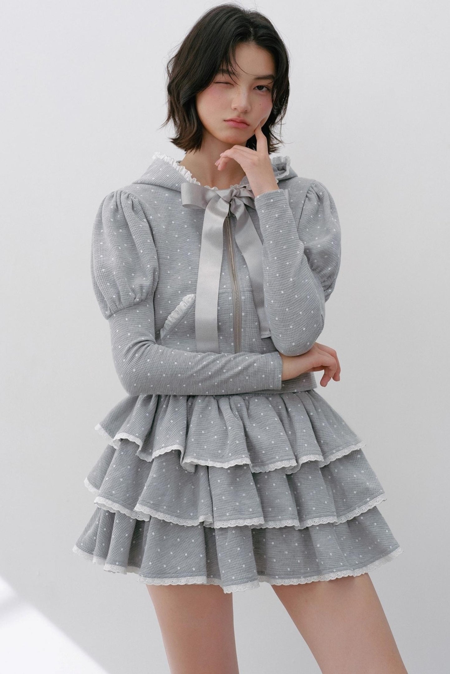 Navy Polka Dot Hooded Tracksuit Set-Up