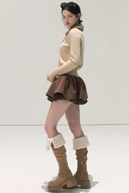 Plaid Color-Blocked Puffy Skirt