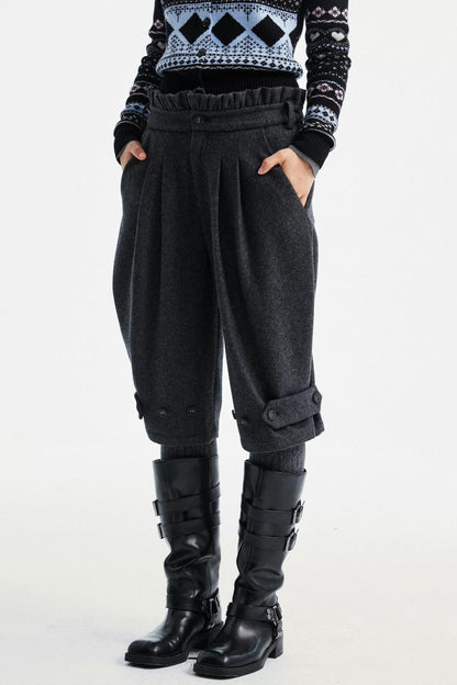 Gray Woolen Lace-Trim Pants