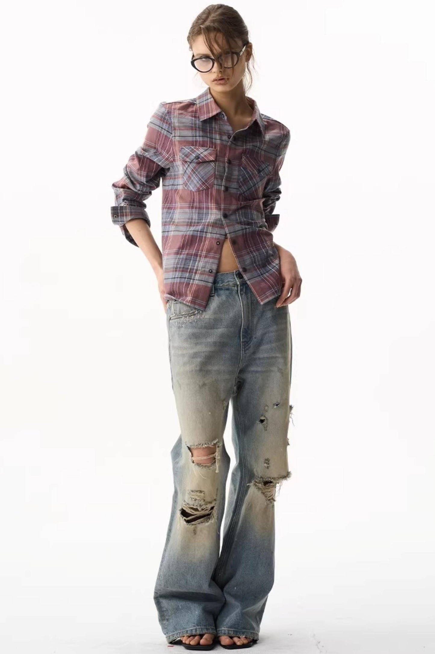 Exitmode Short Plaid Embroidered Shirt