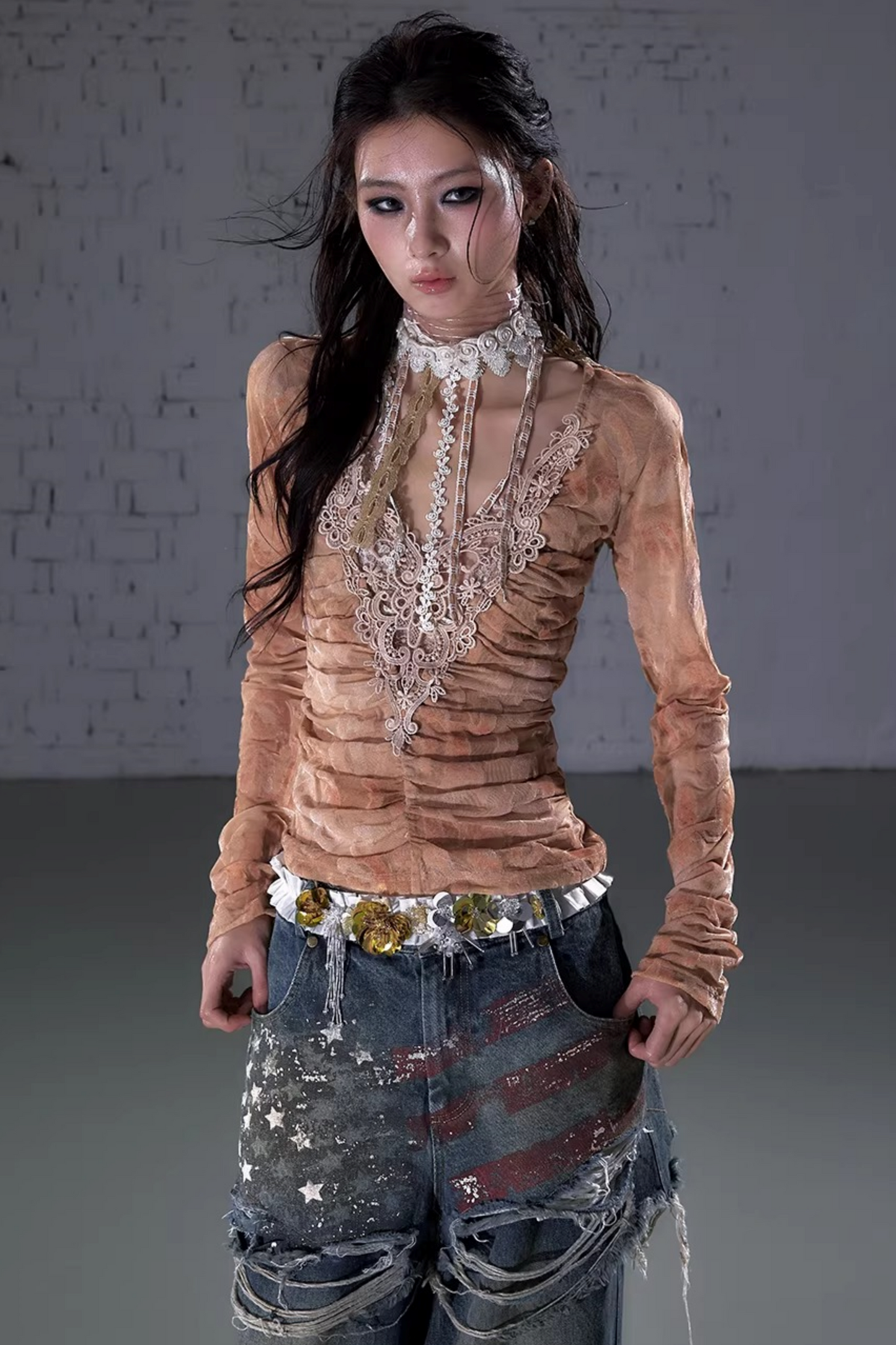 Vintage Samtbluse mit Spitze