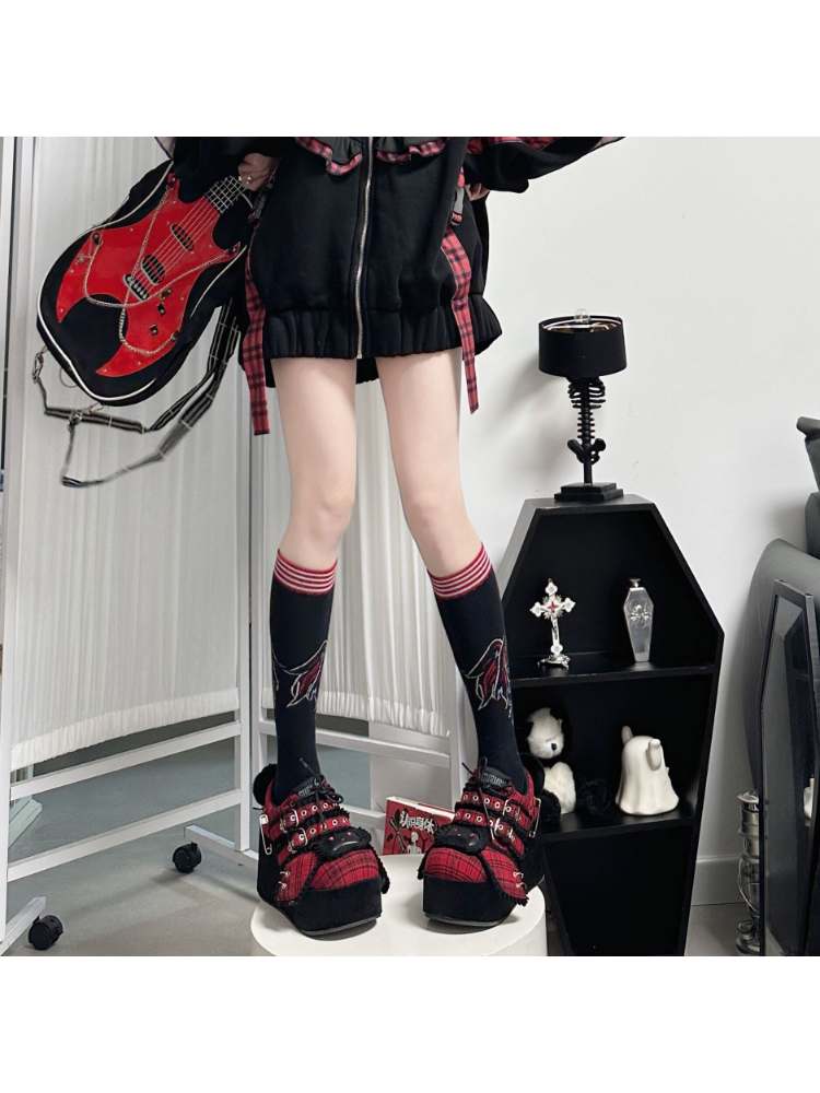 Y2K Black Rabbit Plaid Platform Shoes