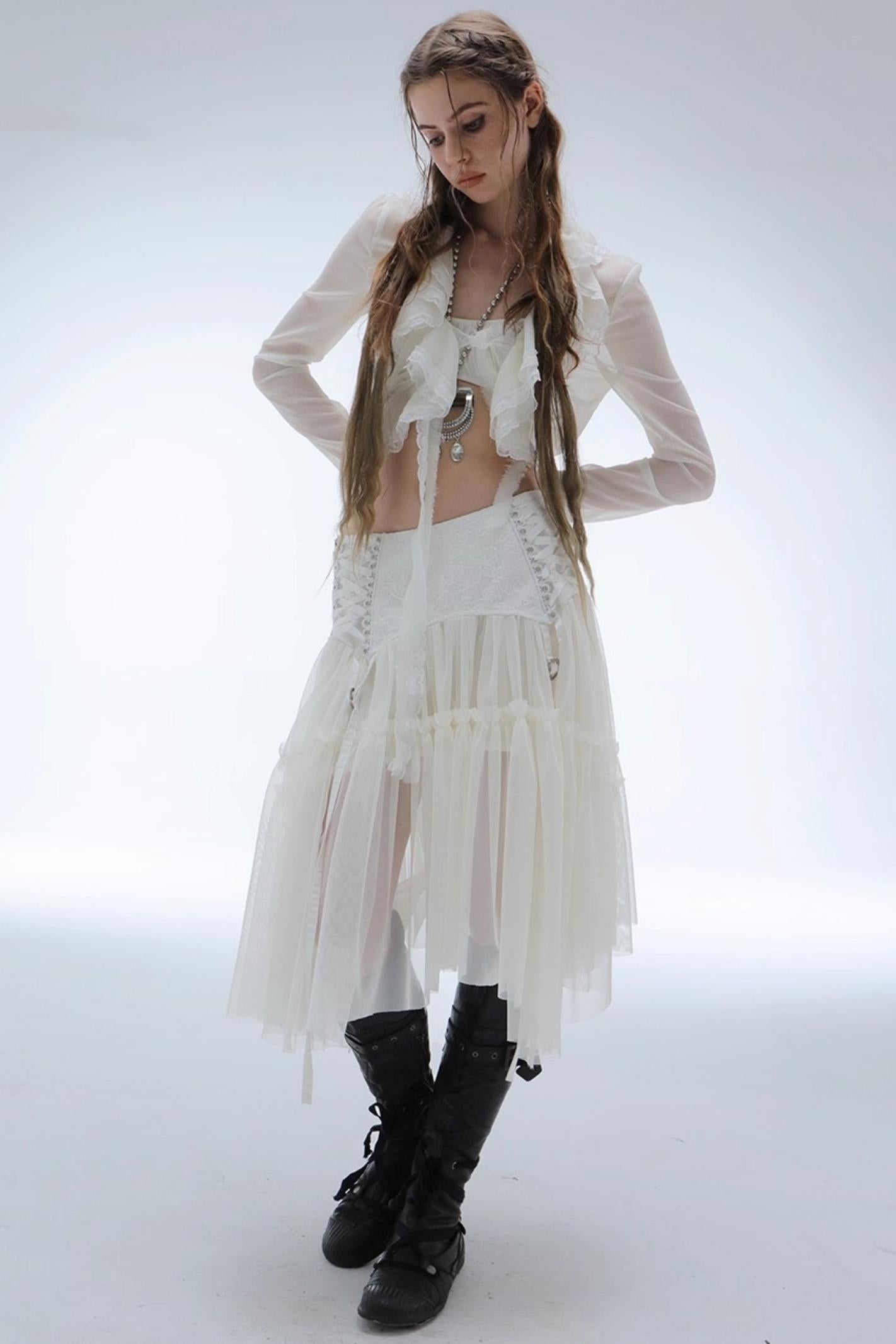 Lace Jacquard Pleated Cake Layered Skirt