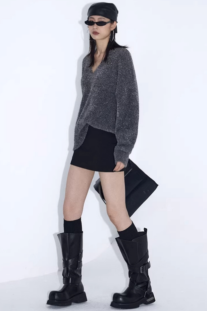 Silberner Faden V-Ausschnitt Strickpullover
