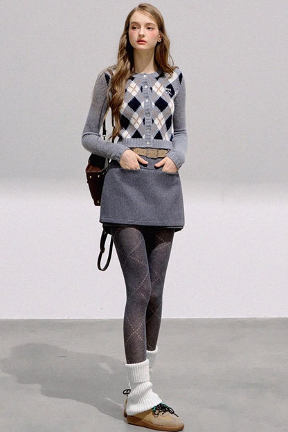 Vintage Diamond Plaid Knitted Cardigan