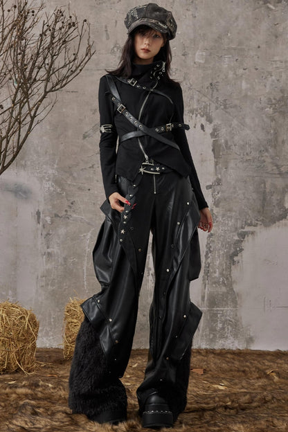 Autumn Punk Wide-Leg Leather Pants