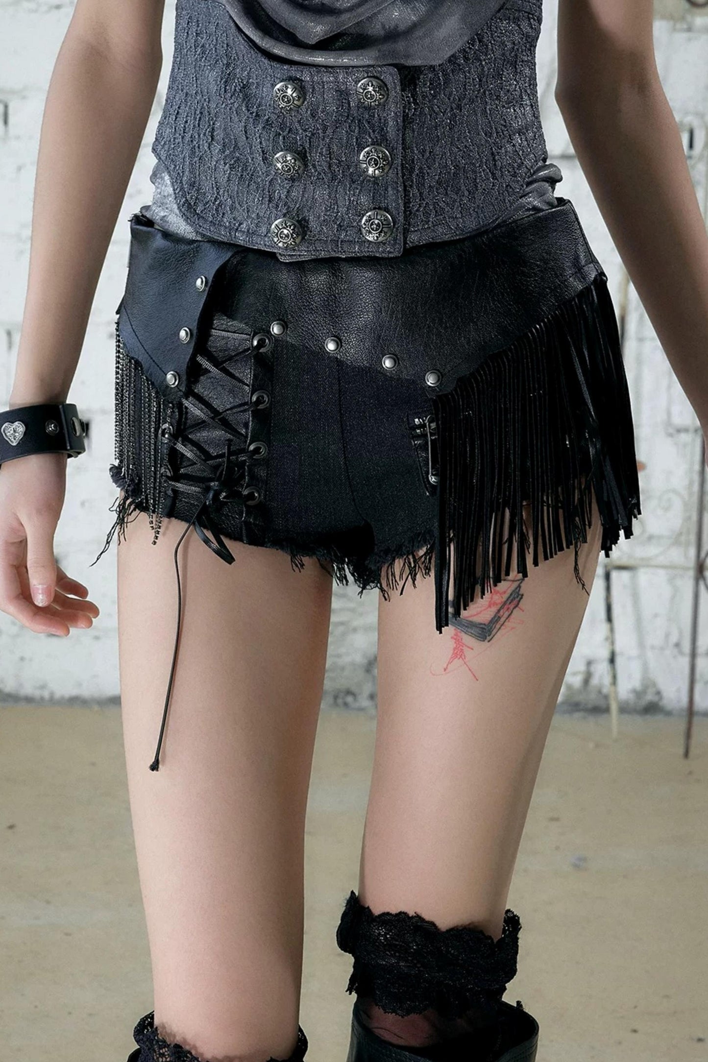 Punk Chain Leather Denim Shorts