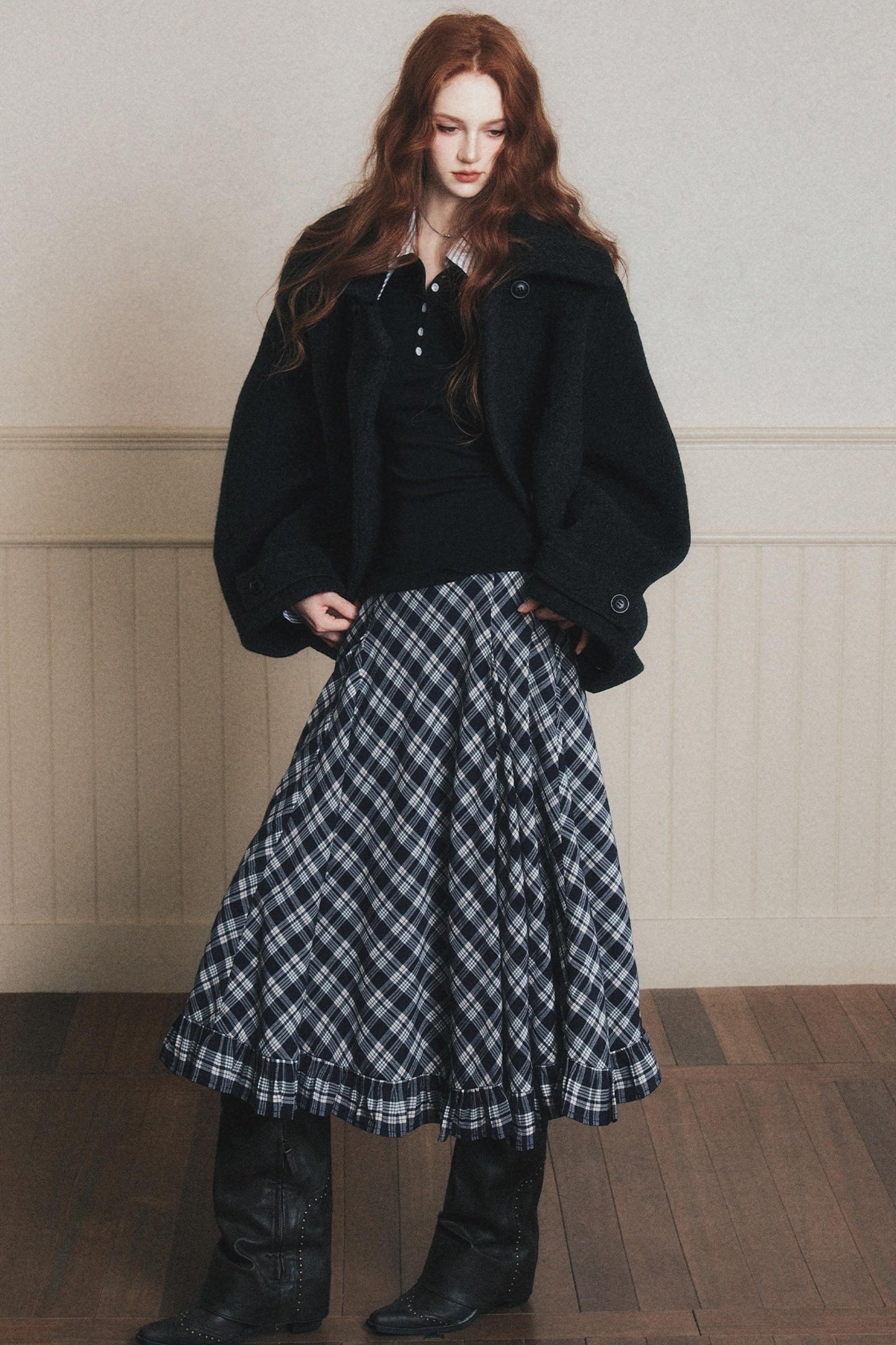 Navy Blue Check A-Line Swing Skirt