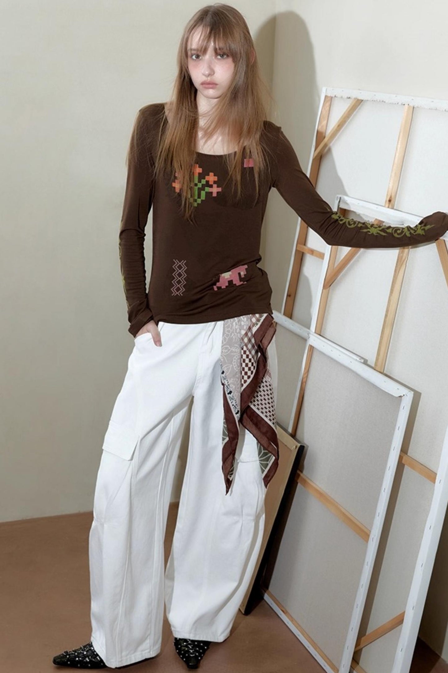 Vintage Printed U-Neck Slim T-Shirt