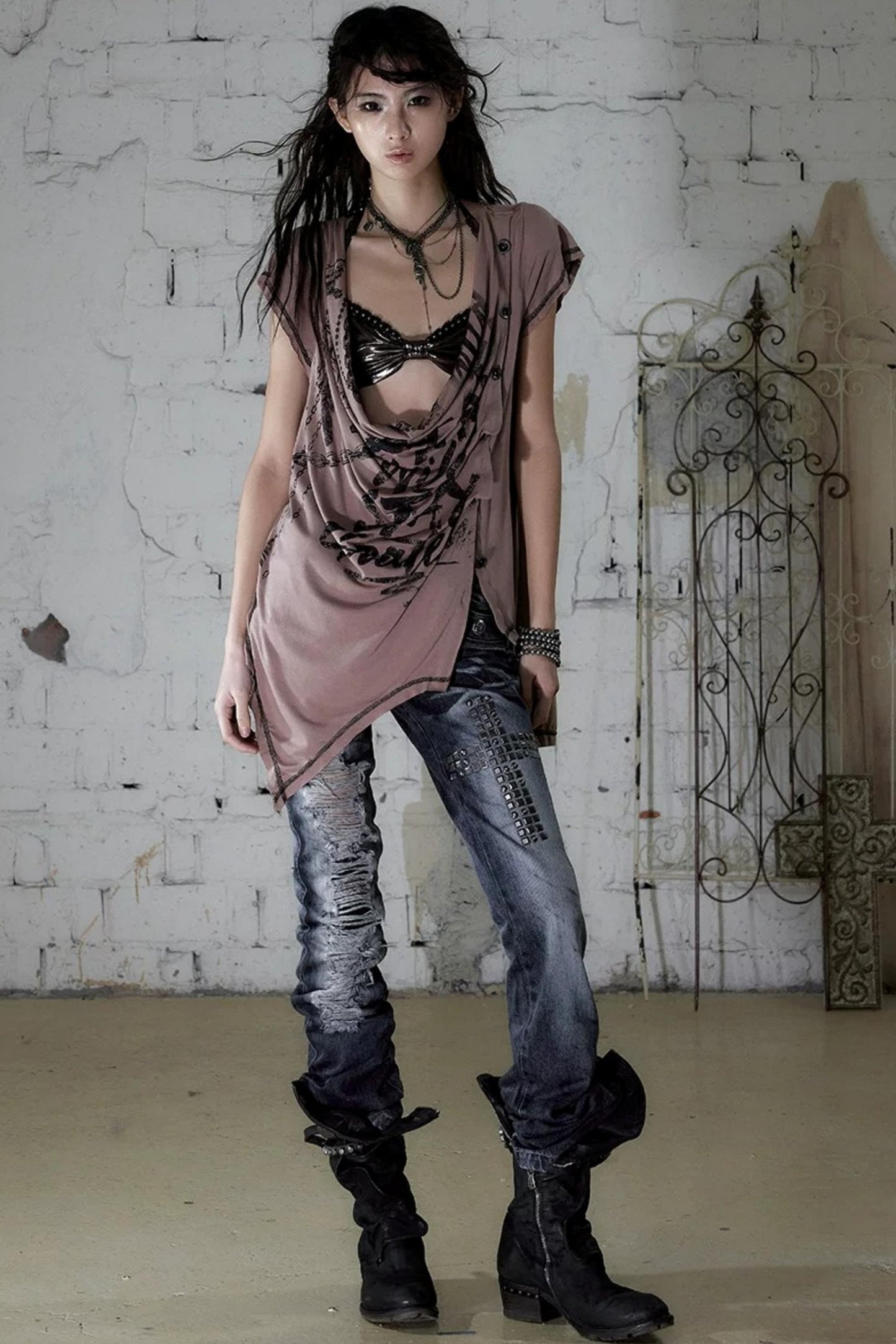 Punk Asymmetrical Neckline T-Shirt Set-Up