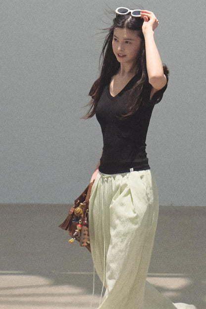 Green Apples Sleeve V-Neck Skinny Top