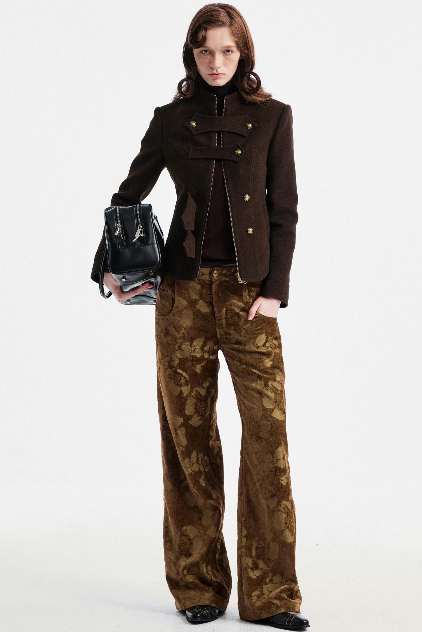 Brown Floral Jacquard Pants