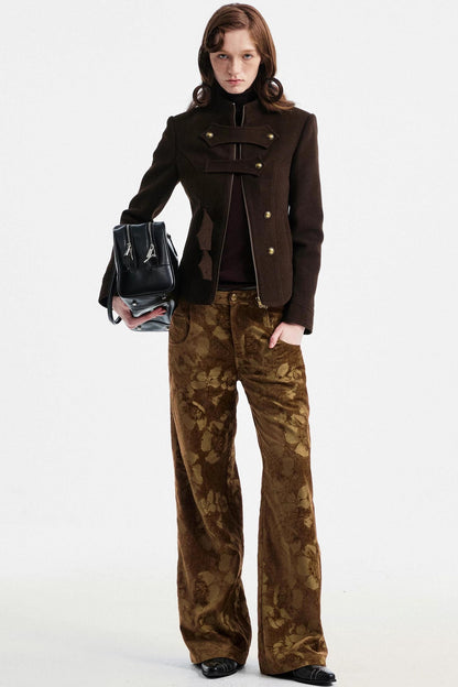 Brown Floral Jacquard Pants