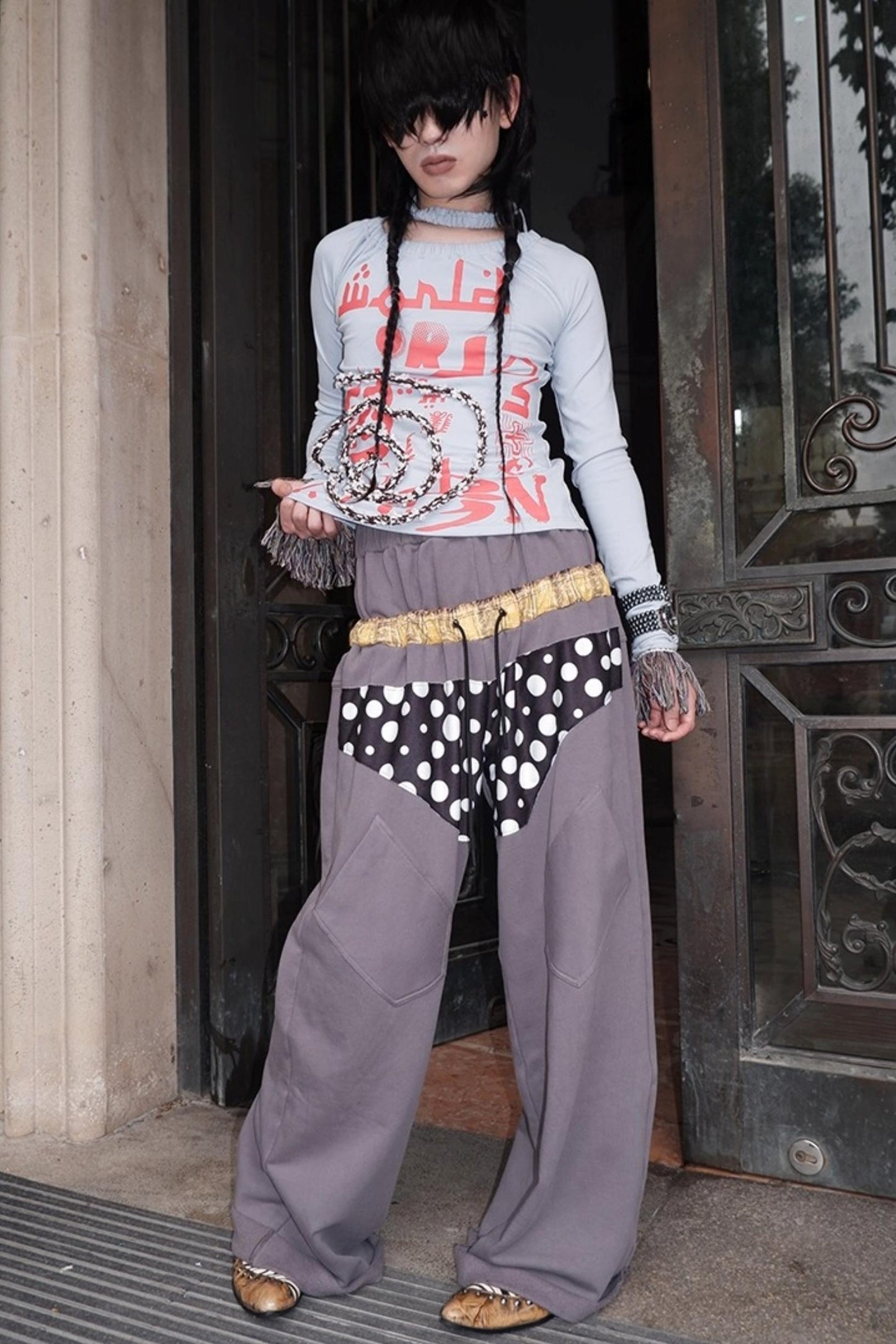 Multi-Waisted Polka Dot Wide-Leg Pants