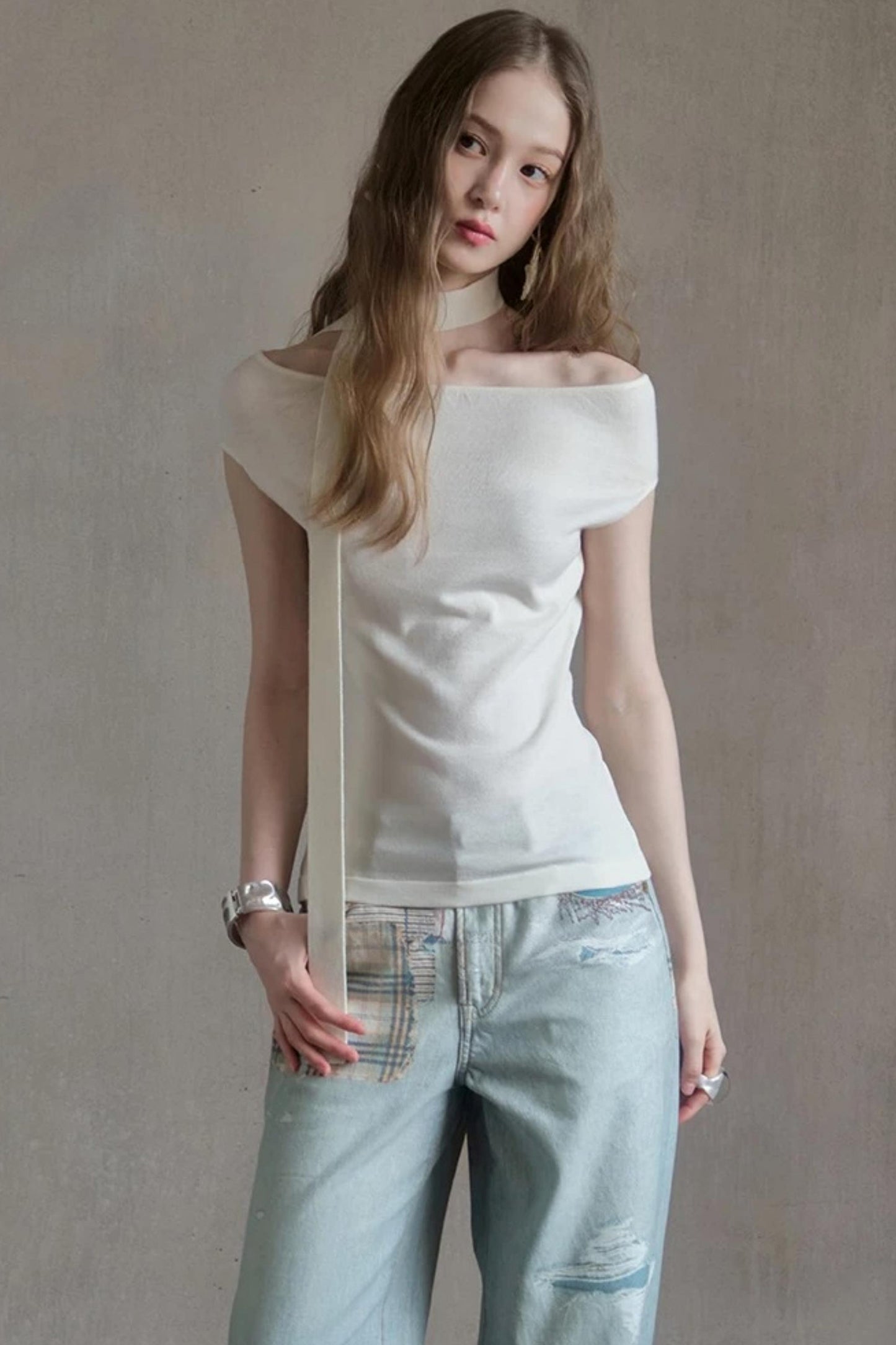 Milk White Asymmetrical Knit Top